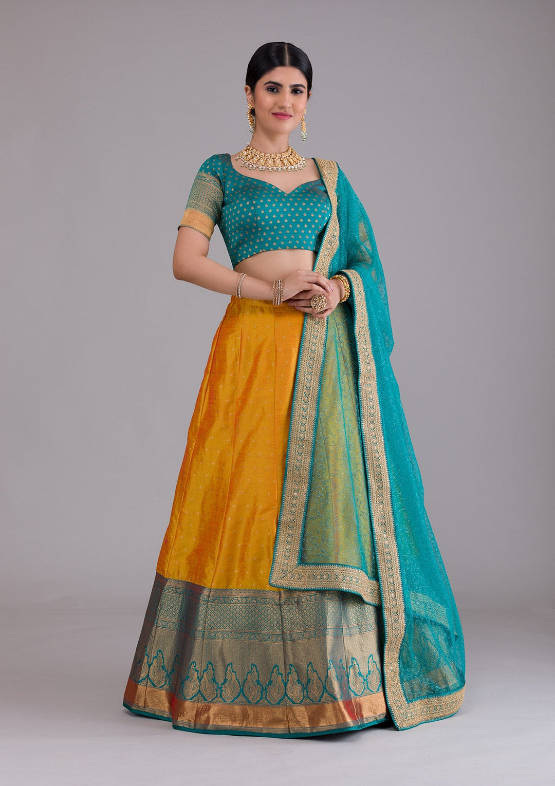 Mustard Zariwork Art Silk Semi Stitched Lehenga-Koskii