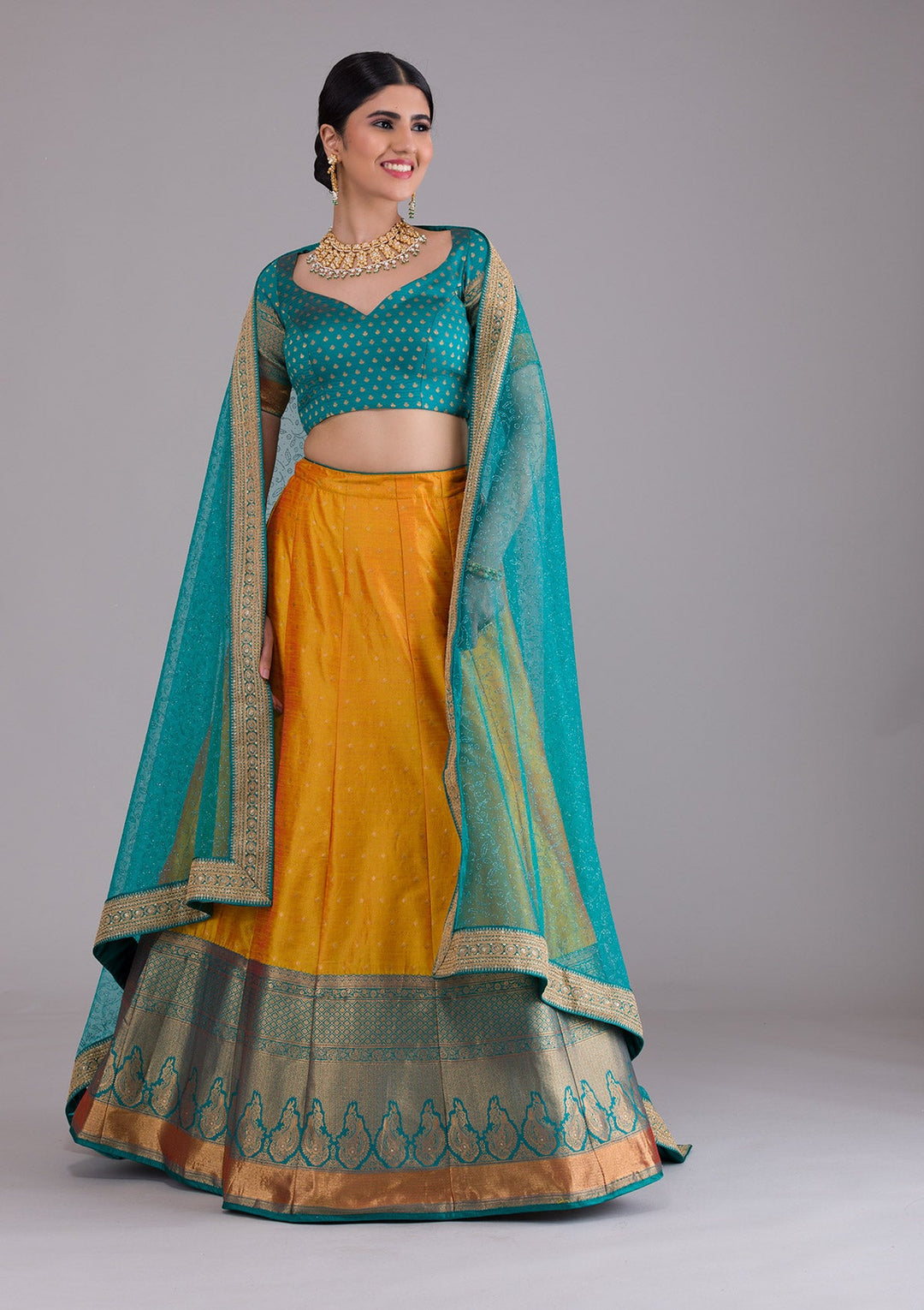 Mustard Zariwork Art Silk Semi Stitched Lehenga-Koskii