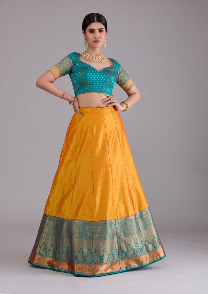 Mustard Zariwork Art Silk Semi Stitched Lehenga-Koskii
