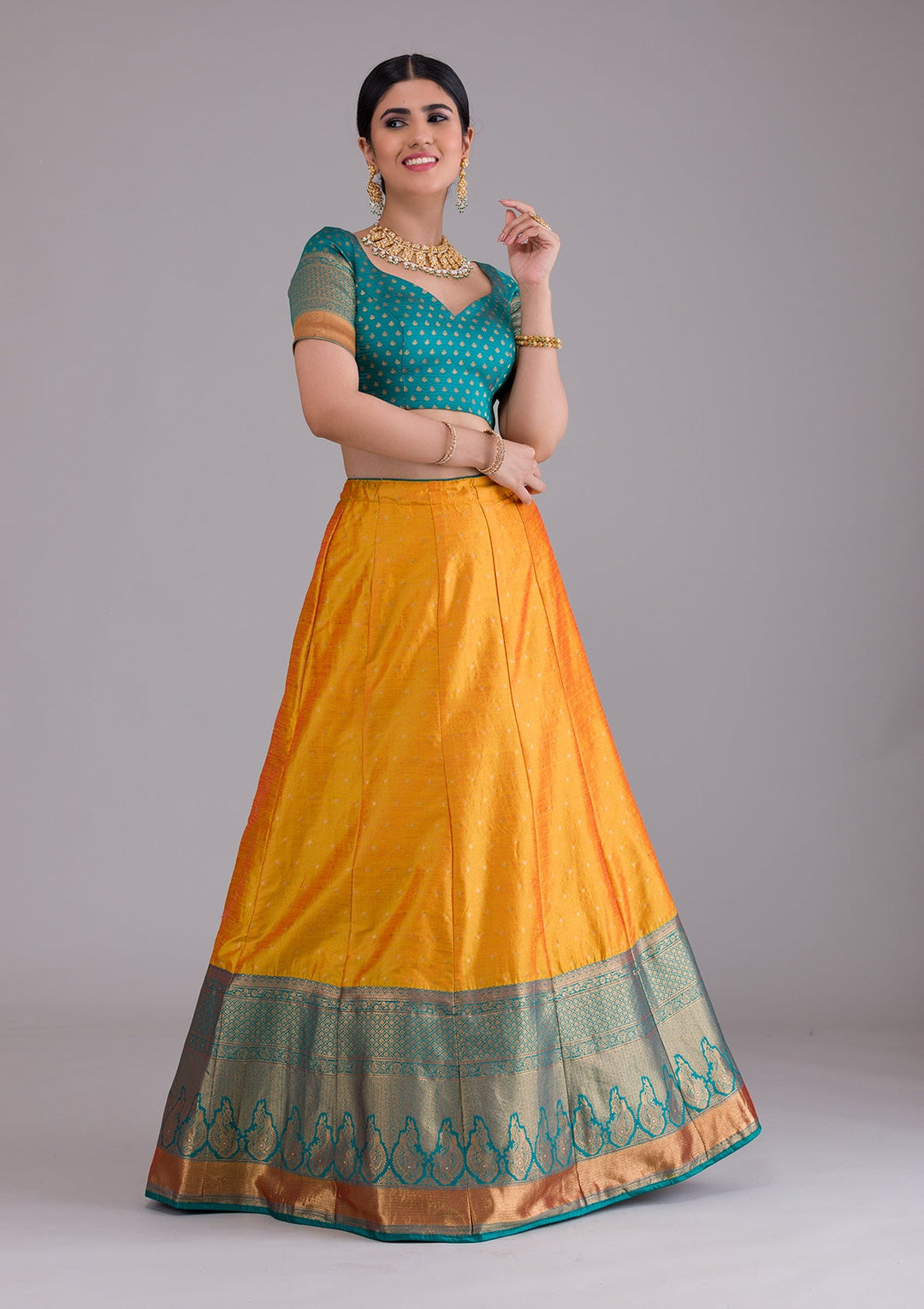 Mustard Zariwork Art Silk Semi Stitched Lehenga-Koskii