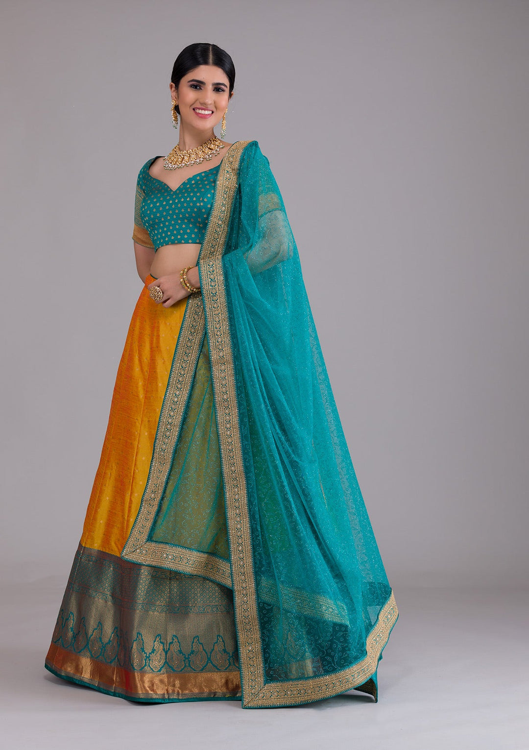 Mustard Zariwork Art Silk Semi Stitched Lehenga-Koskii