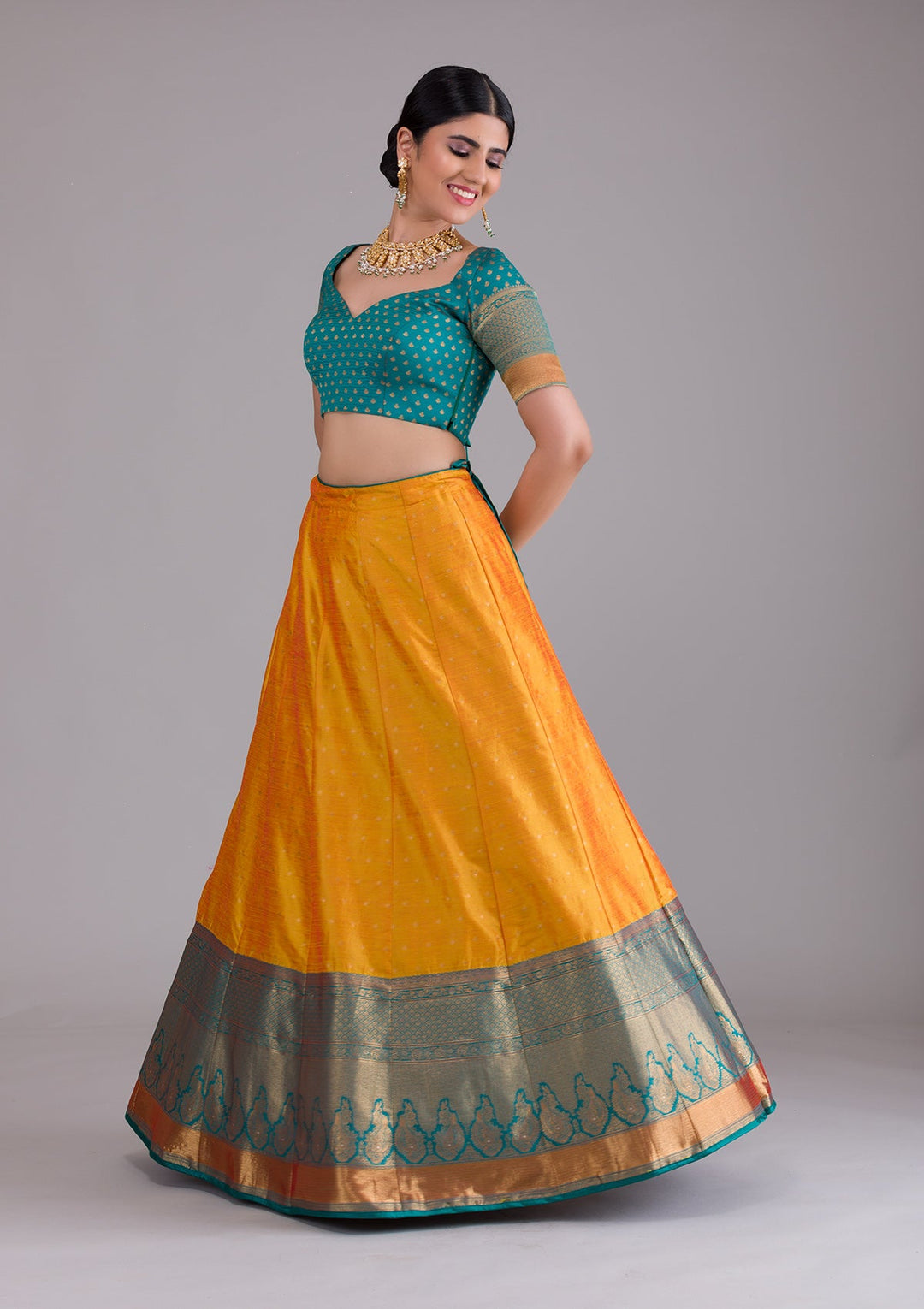 Mustard Zariwork Art Silk Semi Stitched Lehenga-Koskii