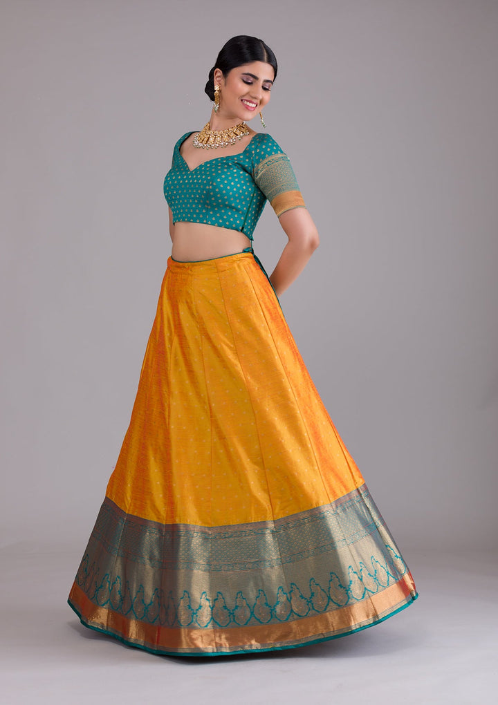 Mustard Zariwork Art Silk Semi Stitched Lehenga-Koskii