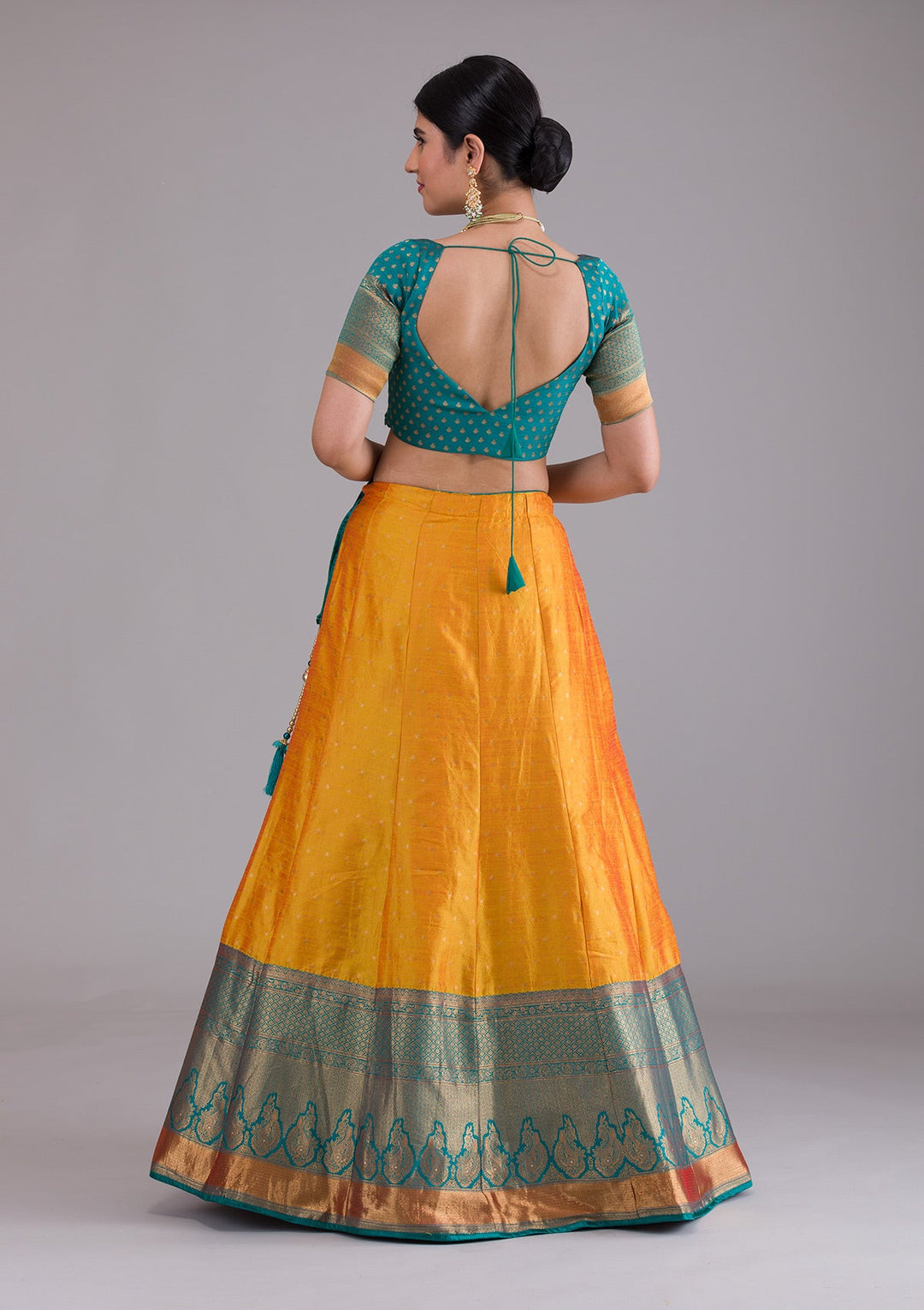 Mustard Zariwork Art Silk Semi Stitched Lehenga-Koskii