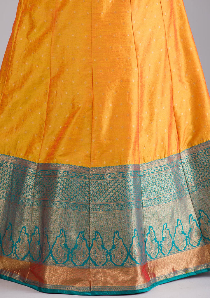 Mustard Zariwork Art Silk Semi Stitched Lehenga-Koskii