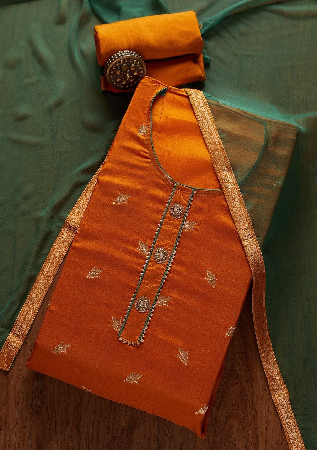 Mustard Zariwork Art Silk Designer Semi-Stitched Salwar Suit - koskii