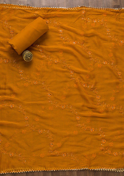 Mustard Zariwork Art Silk Unstitched Salwar Suit-Koskii