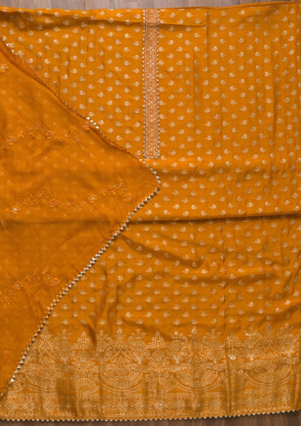 Mustard Zariwork Art Silk Unstitched Salwar Suit-Koskii