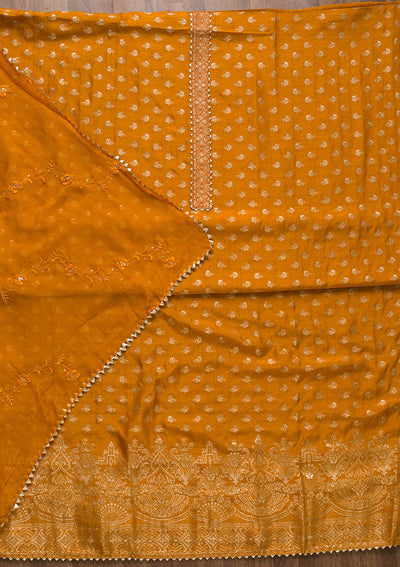 Mustard Zariwork Art Silk Unstitched Salwar Suit-Koskii