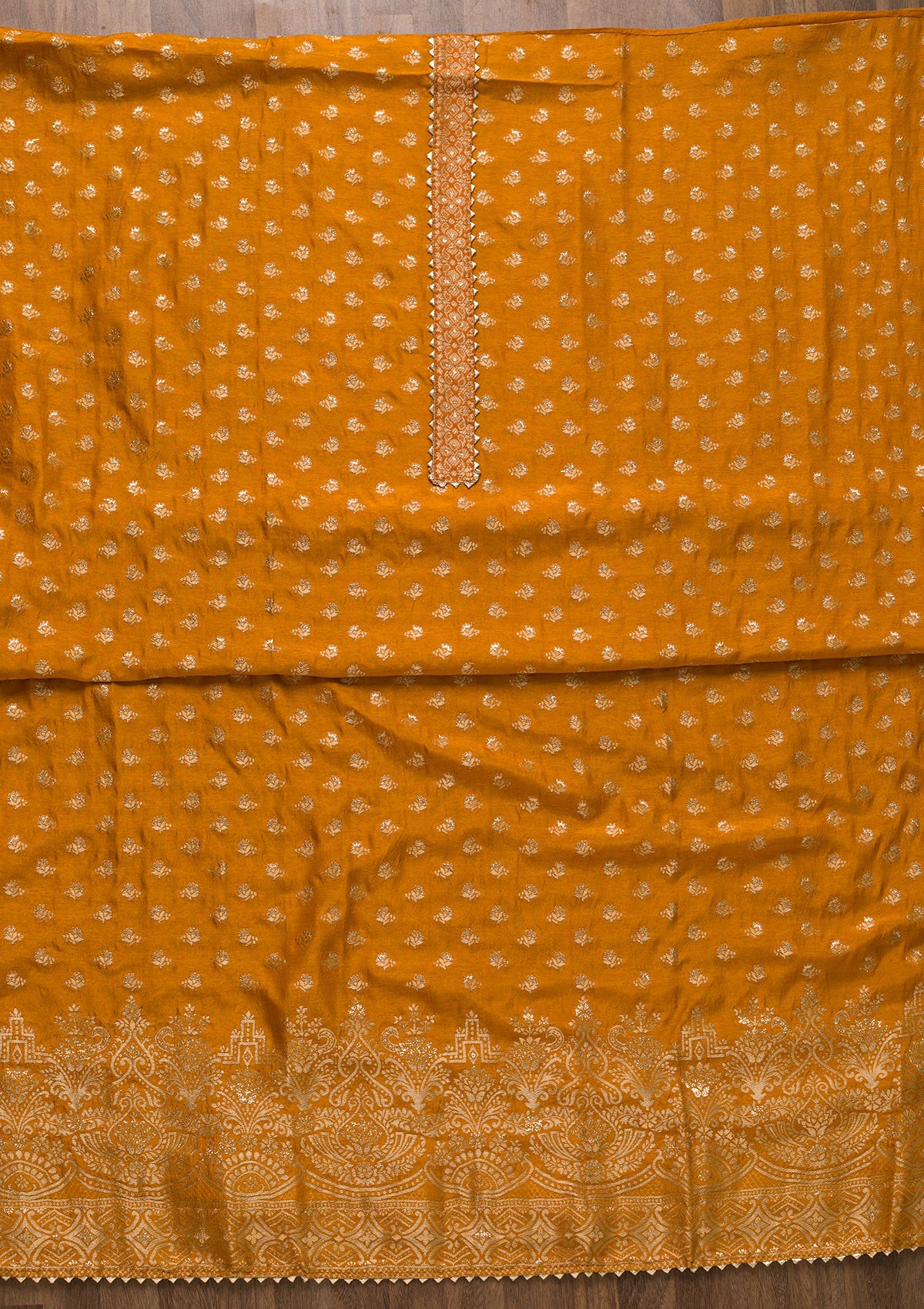 Mustard Zariwork Art Silk Unstitched Salwar Suit-Koskii