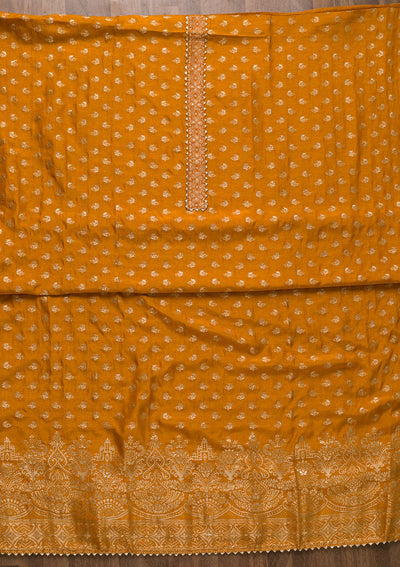 Mustard Zariwork Art Silk Unstitched Salwar Suit-Koskii