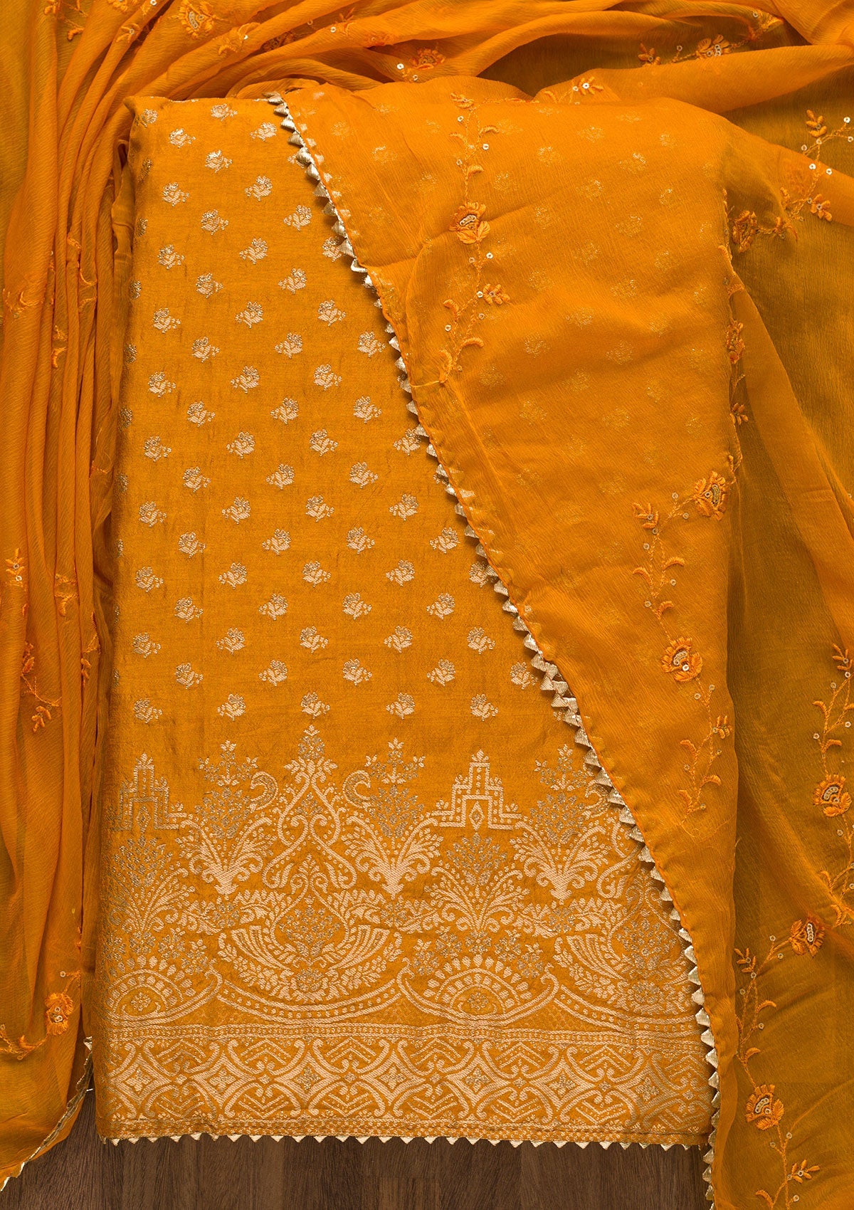 Mustard Zariwork Art Silk Unstitched Salwar Suit-Koskii