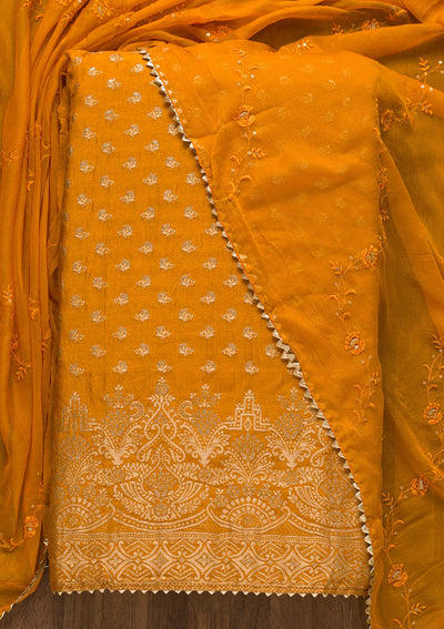 Mustard Zariwork Art Silk Unstitched Salwar Suit-Koskii