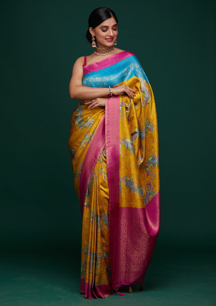 Mustard Zariwork Art Silk Designer Saree - Koskii