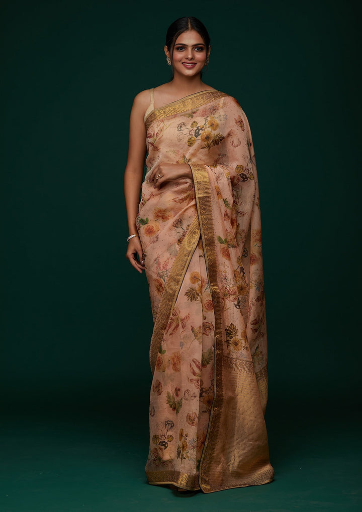 Peach Swarovski Tissue Designer Saree - Koskii