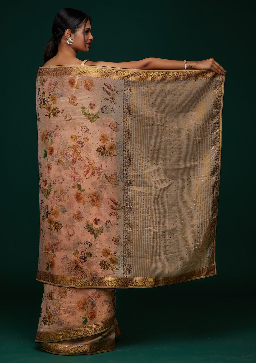 Peach Swarovski Tissue Designer Saree - Koskii