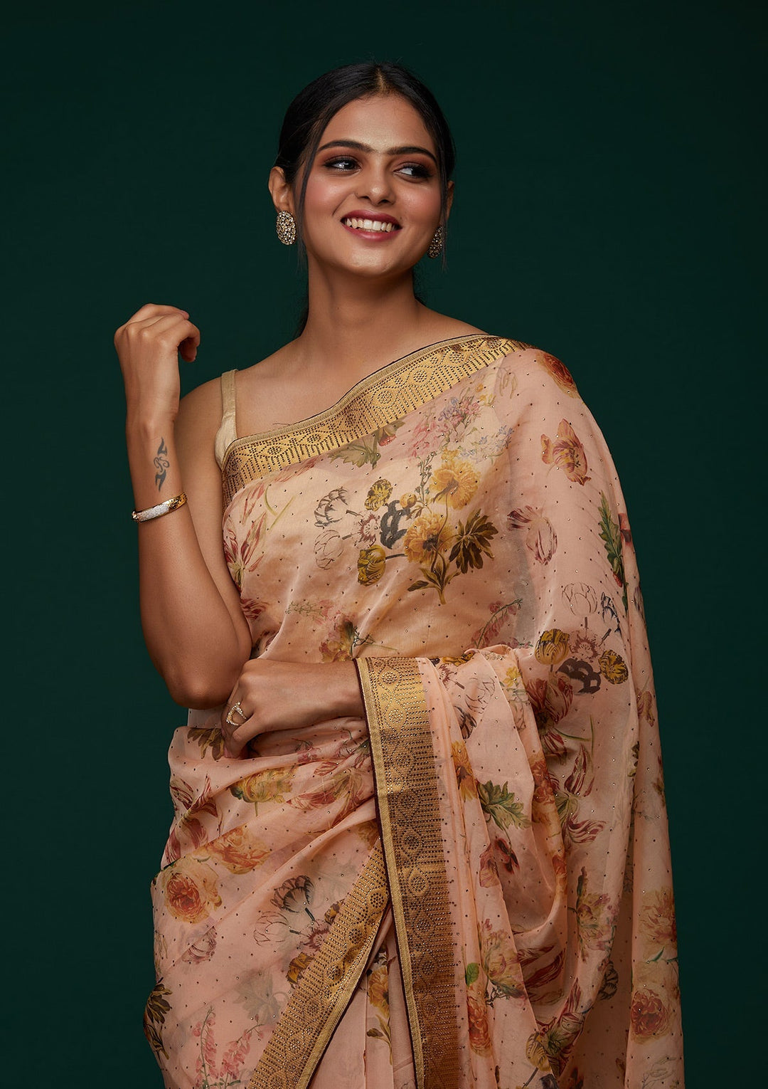 Peach Swarovski Tissue Designer Saree - Koskii