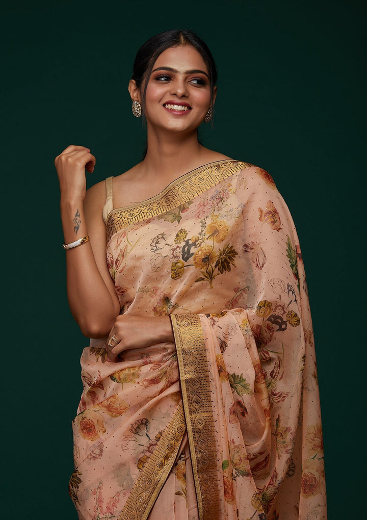 Peach Swarovski Tissue Designer Saree - Koskii