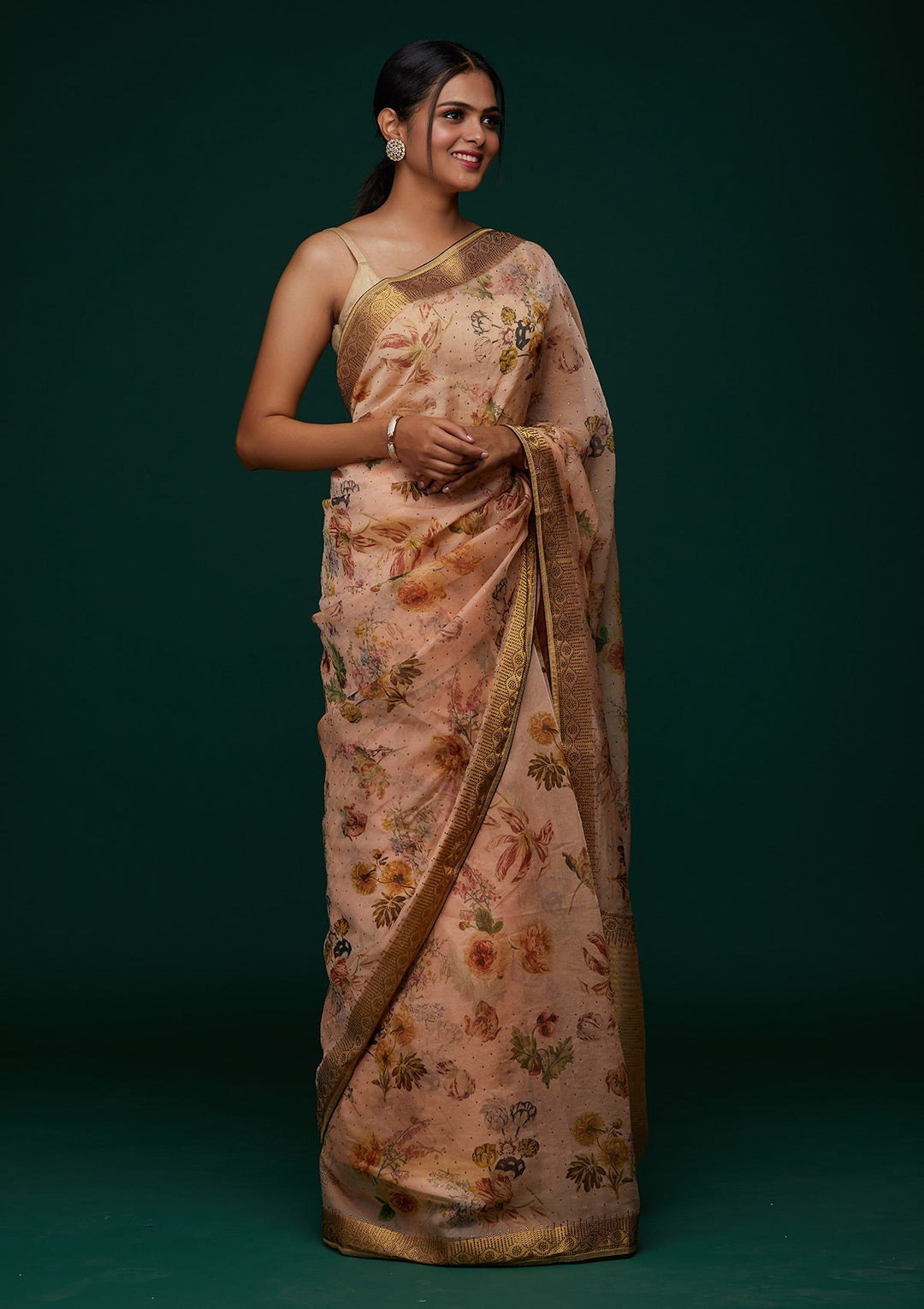 Peach Swarovski Tissue Designer Saree - Koskii