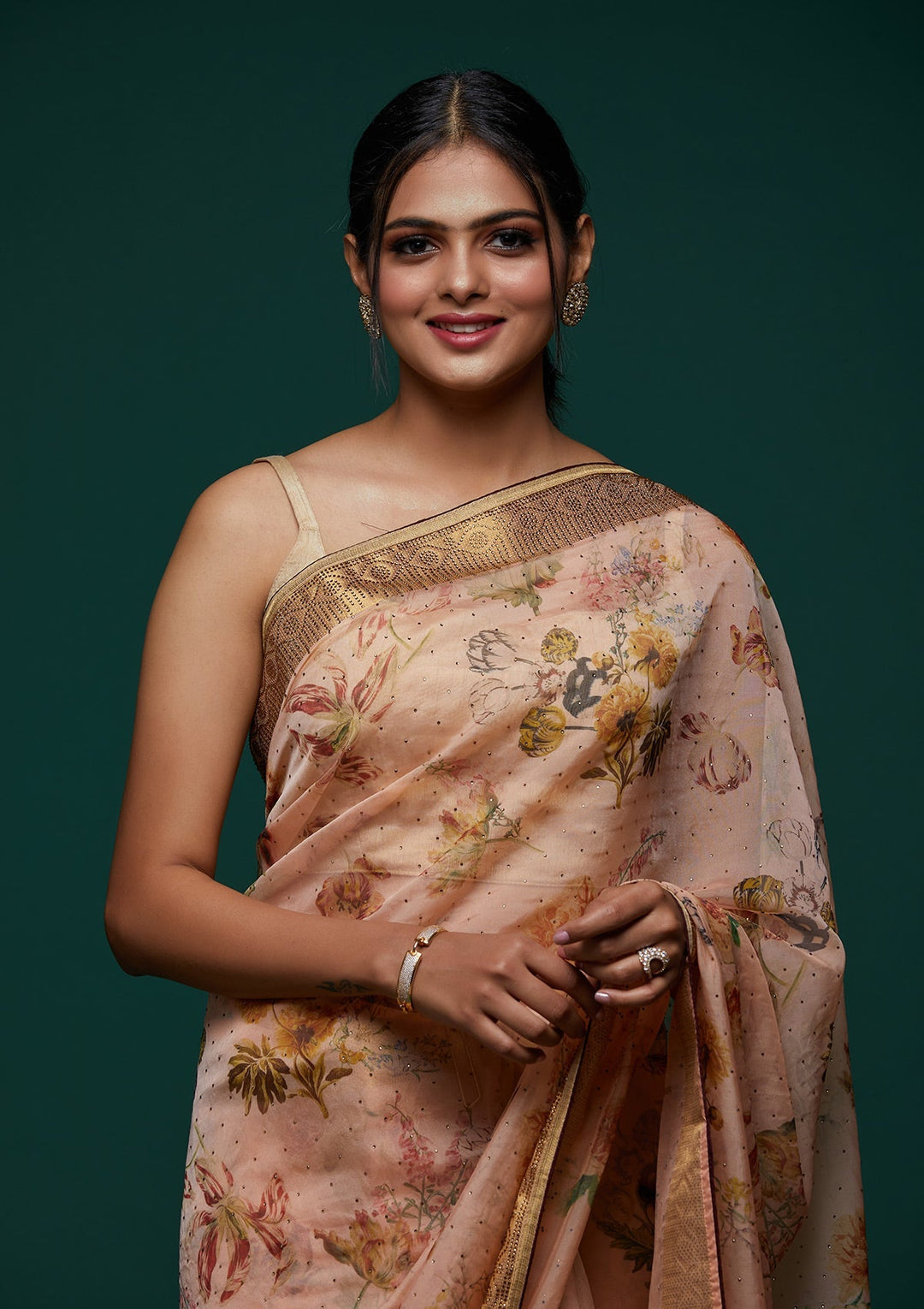Peach Swarovski Tissue Designer Saree - Koskii