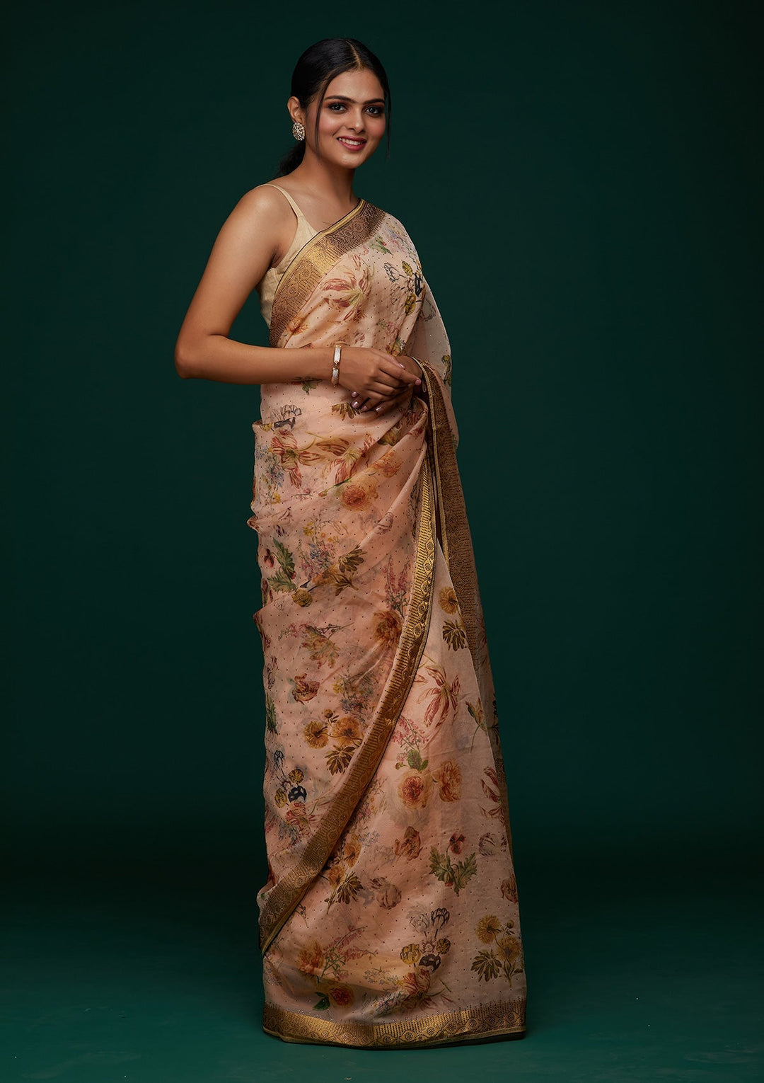 Peach Swarovski Tissue Designer Saree - Koskii