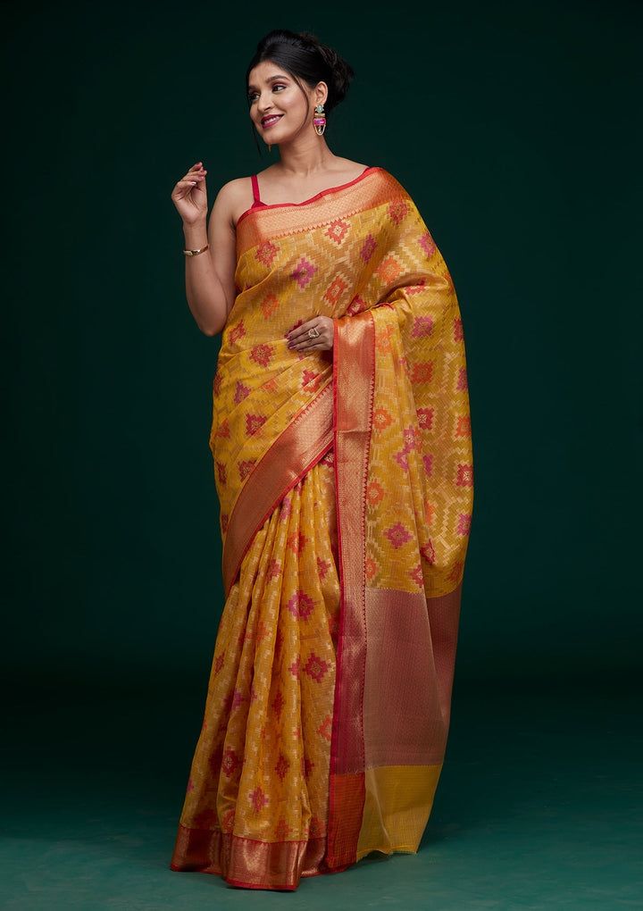 Mustard Zariwork Art Silk Saree - Koskii