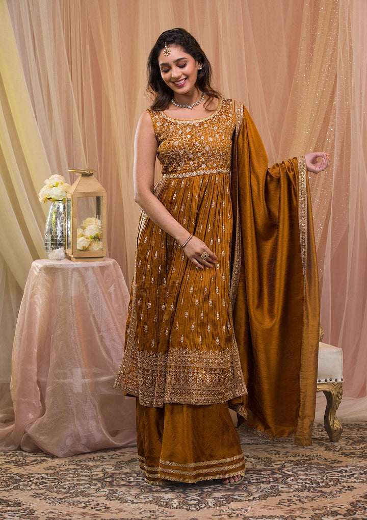 Mustard Zariwork Art Silk Readymade Salwar Kameez-Koskii