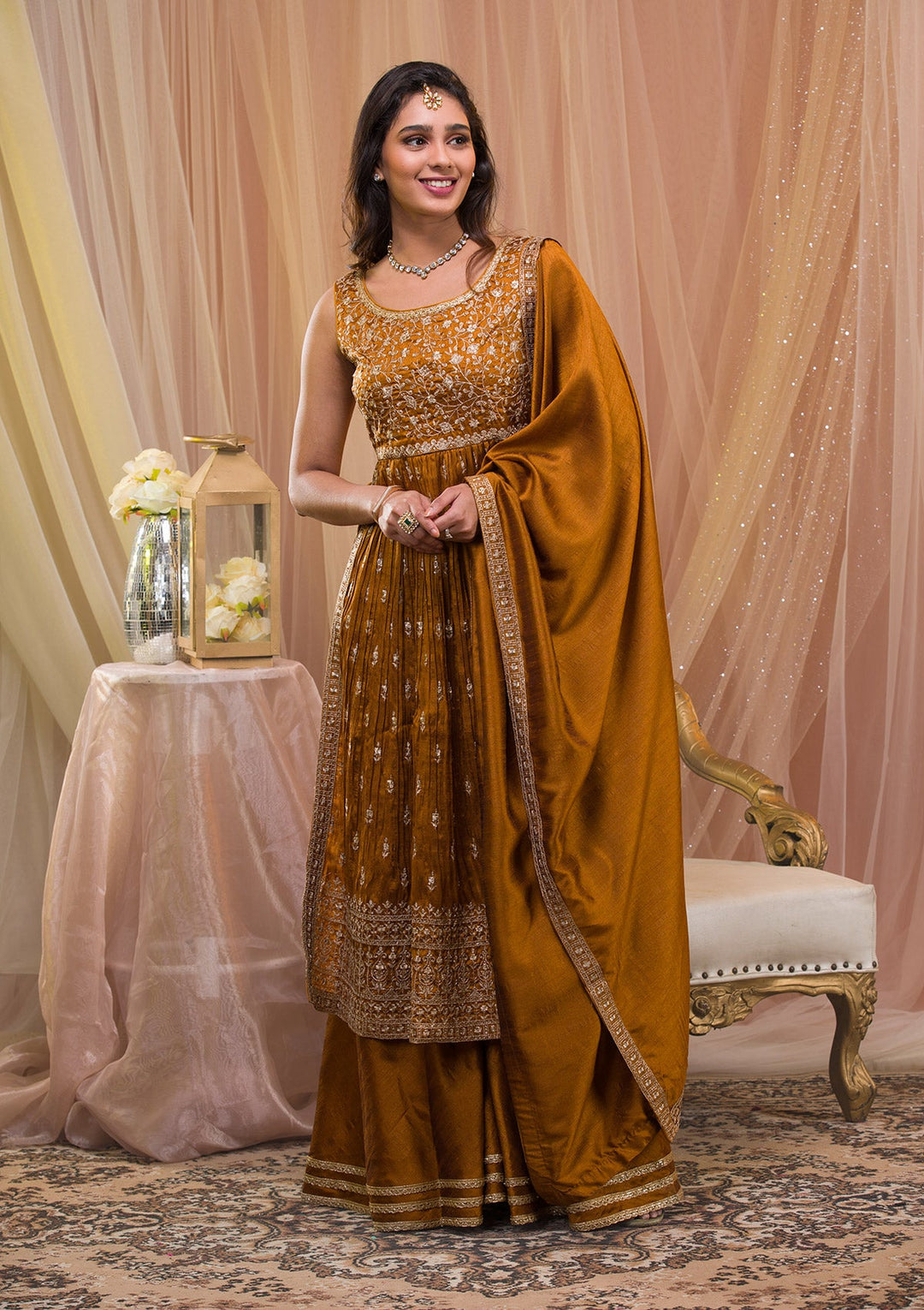 Mustard Zariwork Art Silk Readymade Salwar Kameez-Koskii