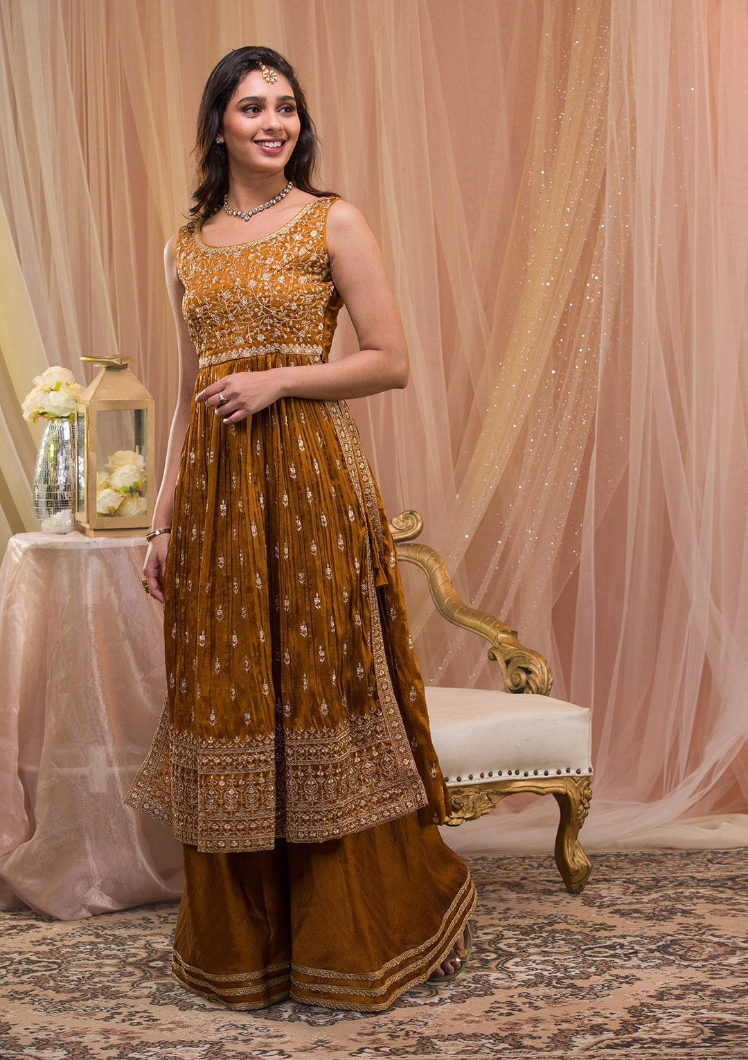 Mustard Zariwork Art Silk Readymade Salwar Kameez-Koskii