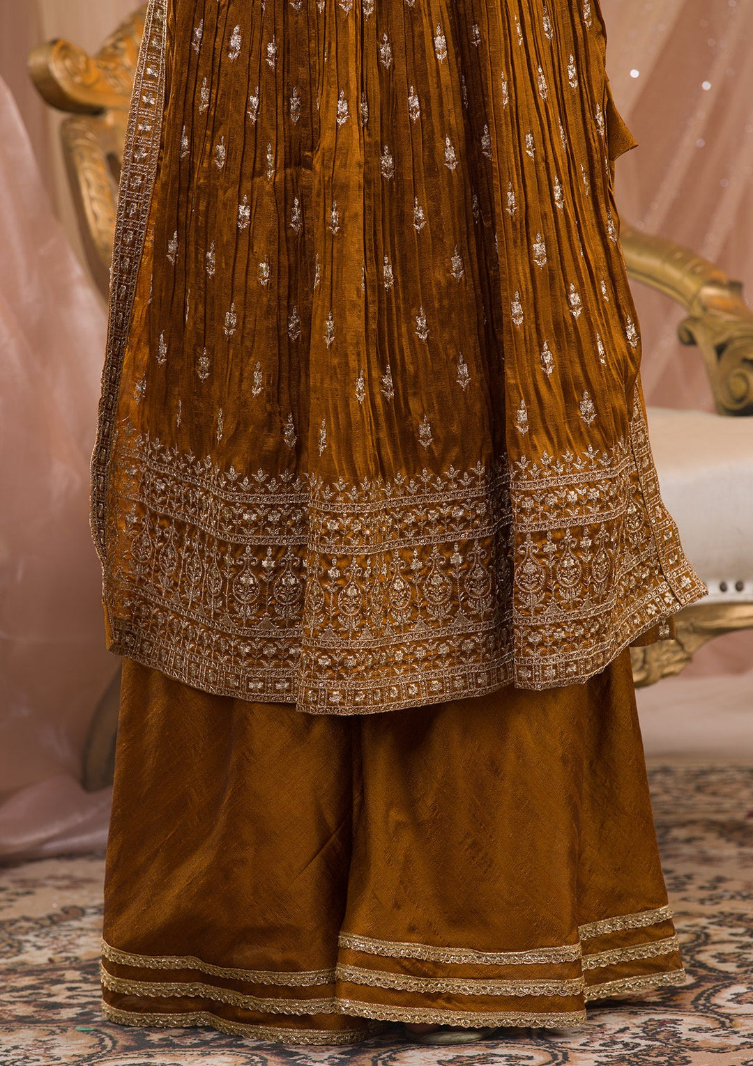 Mustard Zariwork Art Silk Readymade Salwar Kameez-Koskii