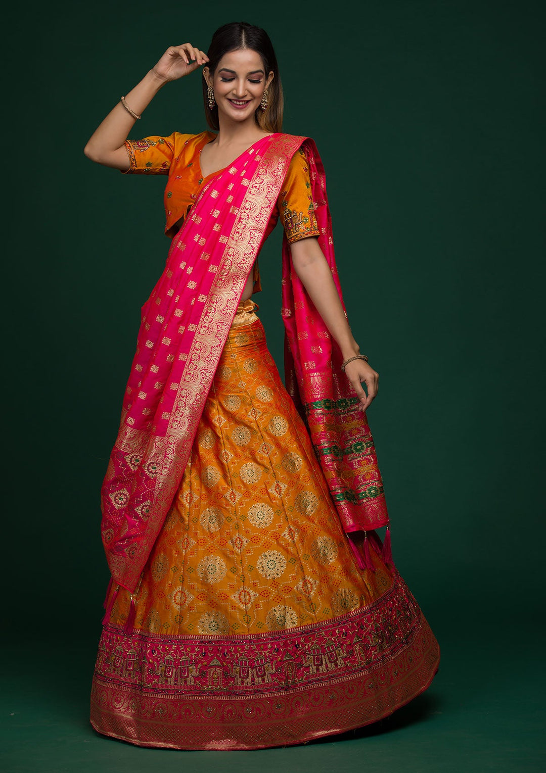 Mustard Zariwork Banarasi Lehenga-koskii