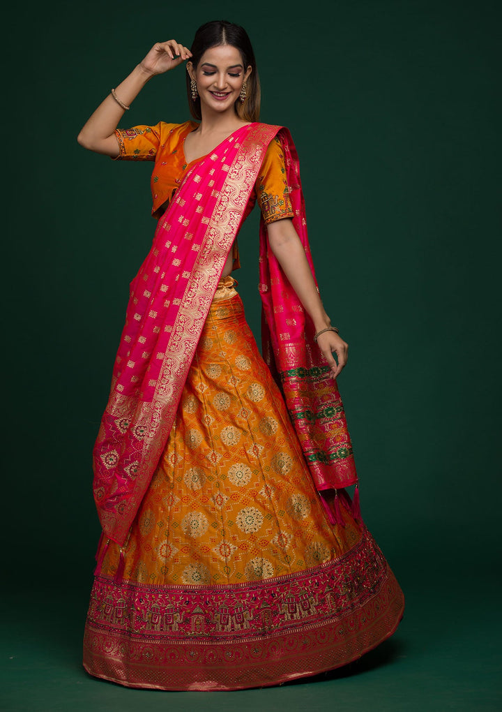 Mustard Zariwork Banarasi Lehenga-koskii