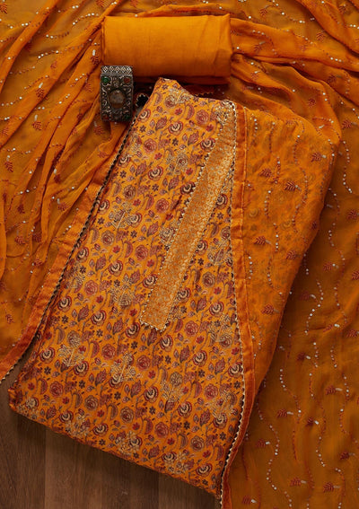 Mustard Zariwork Banarasi Semi-Stitched Salwar Suit-Koskii