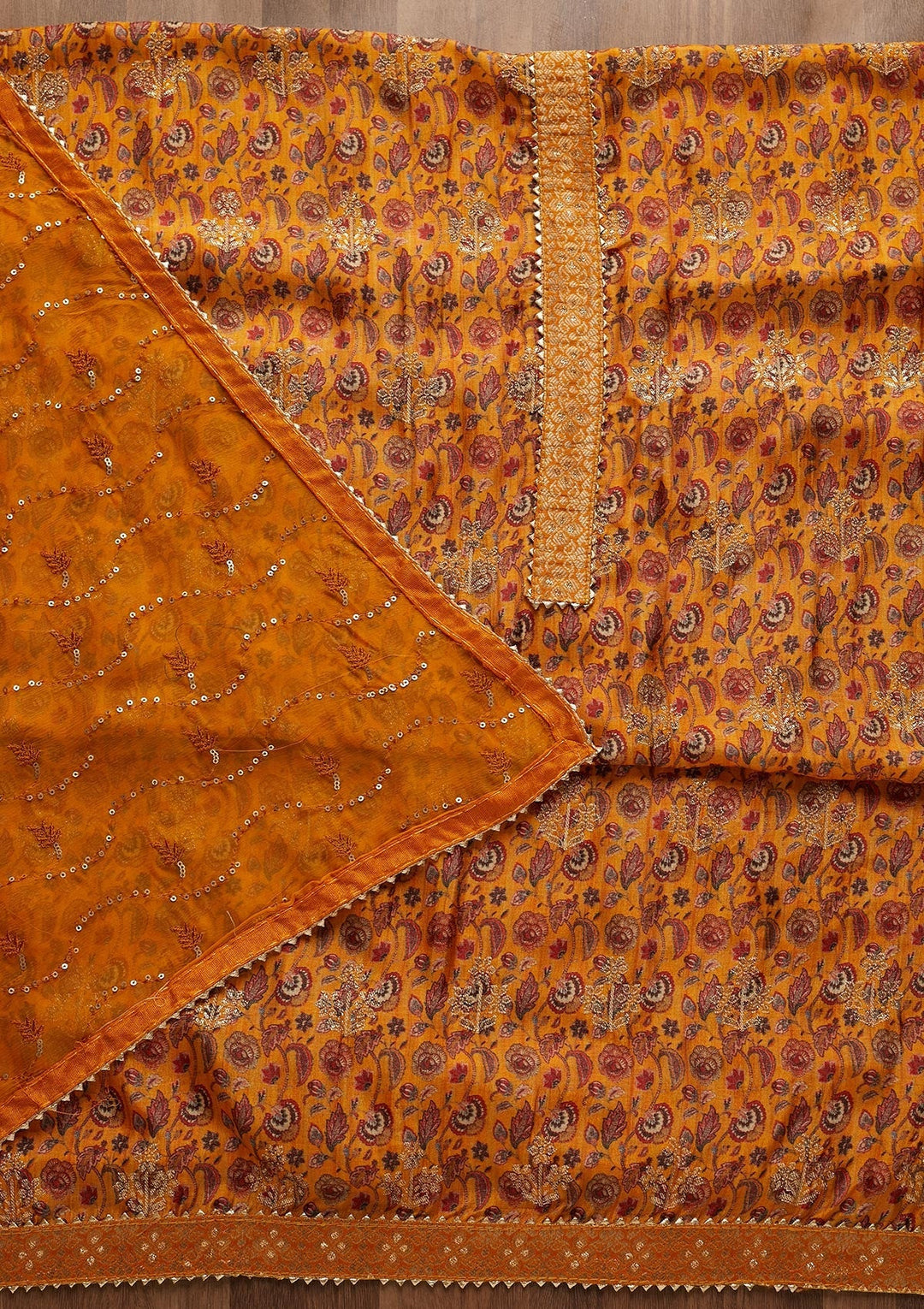 Mustard Zariwork Banarasi Semi-Stitched Salwar Suit-Koskii