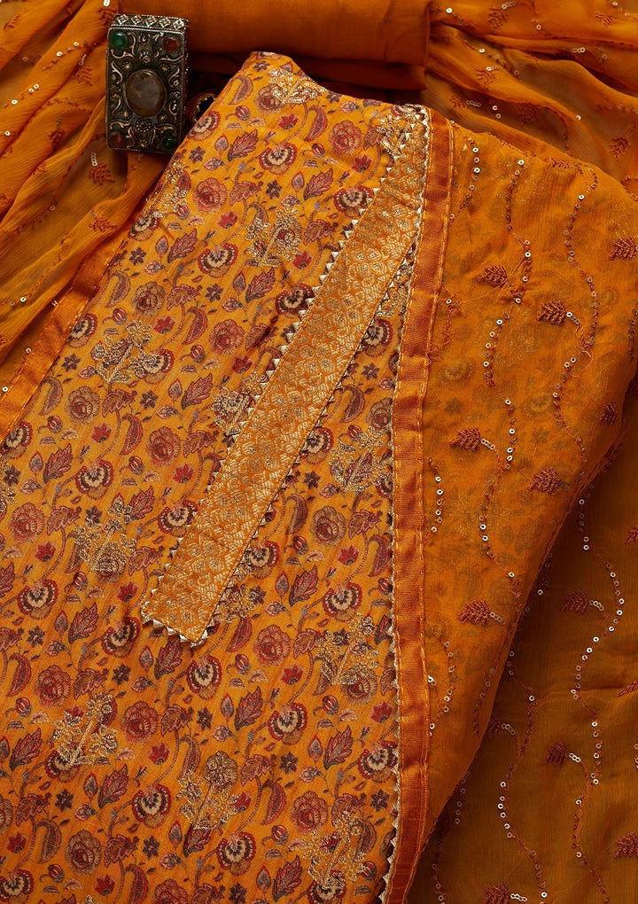 Mustard Zariwork Banarasi Semi-Stitched Salwar Suit-Koskii