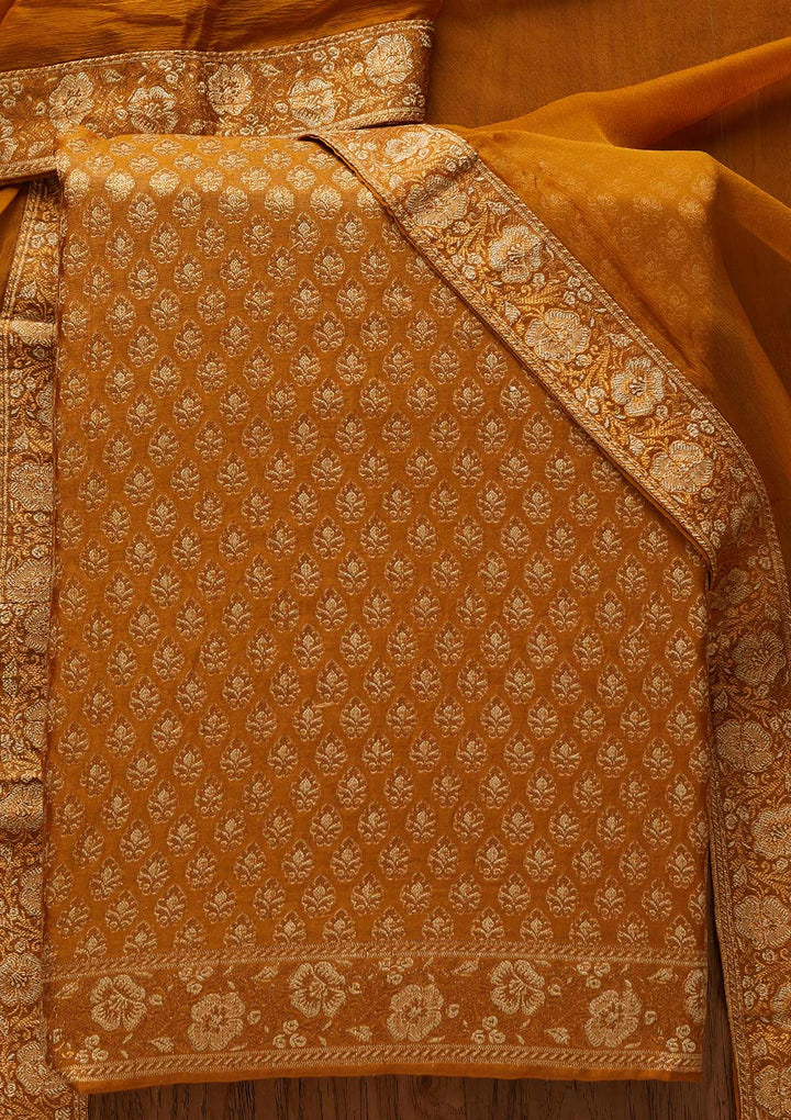 Mustard Zariwork Banarasi Designer Unstitched Salwar Suit - koskii