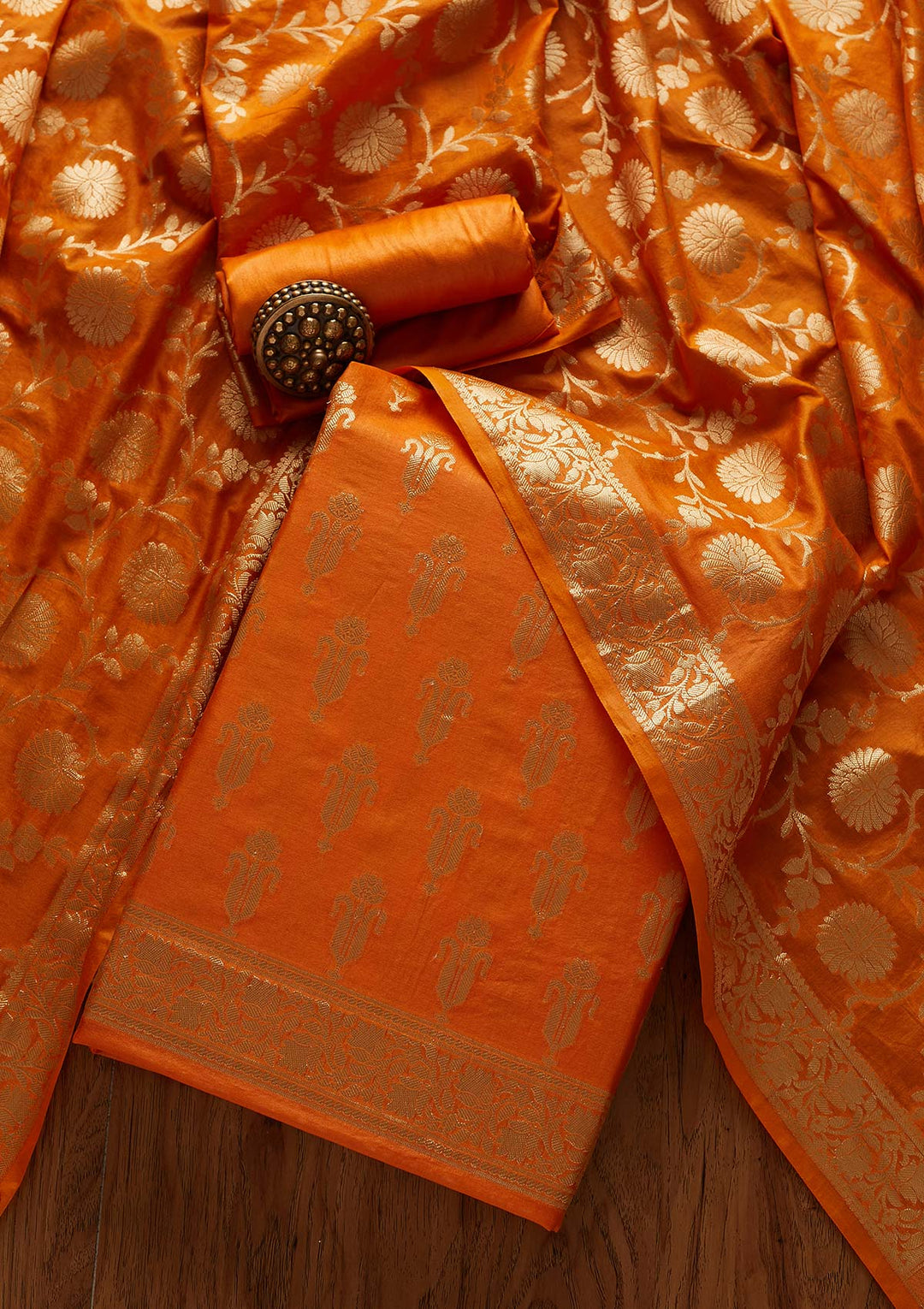 Mustard Zariwork Banarasi Designer Unstitched Salwar Suit - Koskii