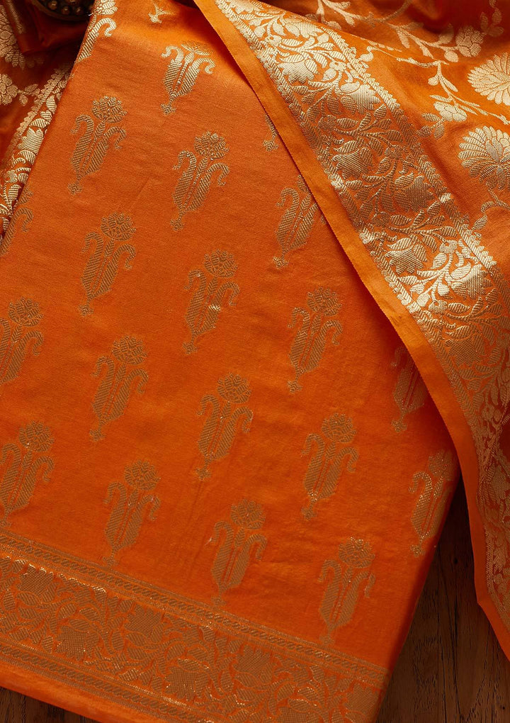 Mustard Zariwork Banarasi Designer Unstitched Salwar Suit - Koskii