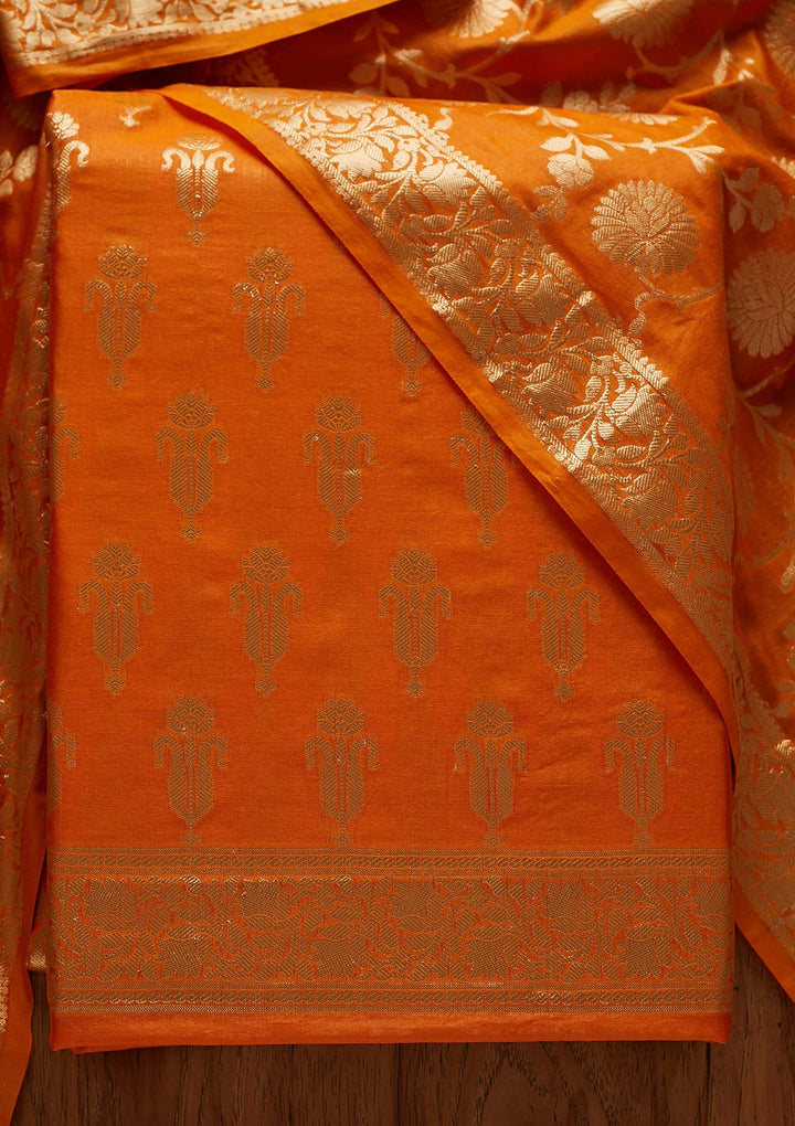 Mustard Zariwork Banarasi Designer Unstitched Salwar Suit - Koskii