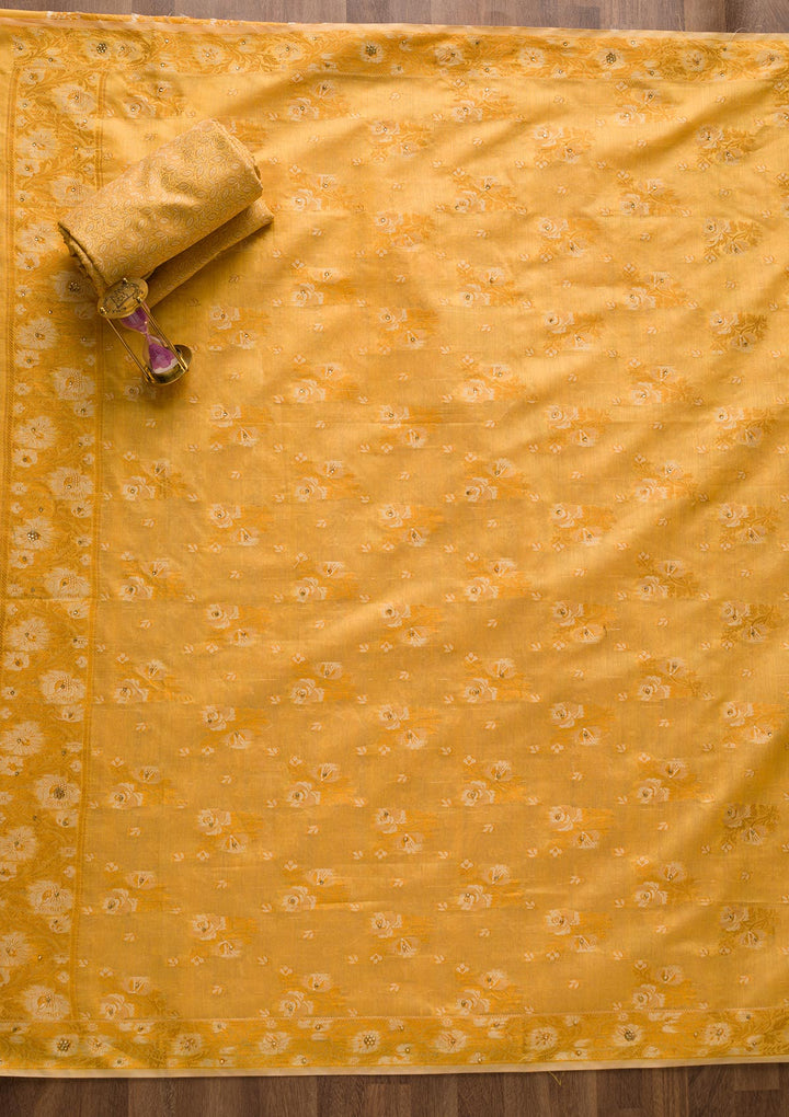 Mustard Zariwork Banarasi Unstitched Salwar Suit-Koskii