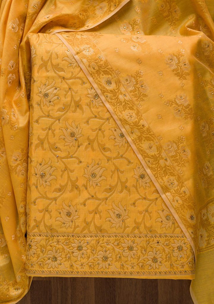 Mustard Zariwork Banarasi Unstitched Salwar Suit-Koskii