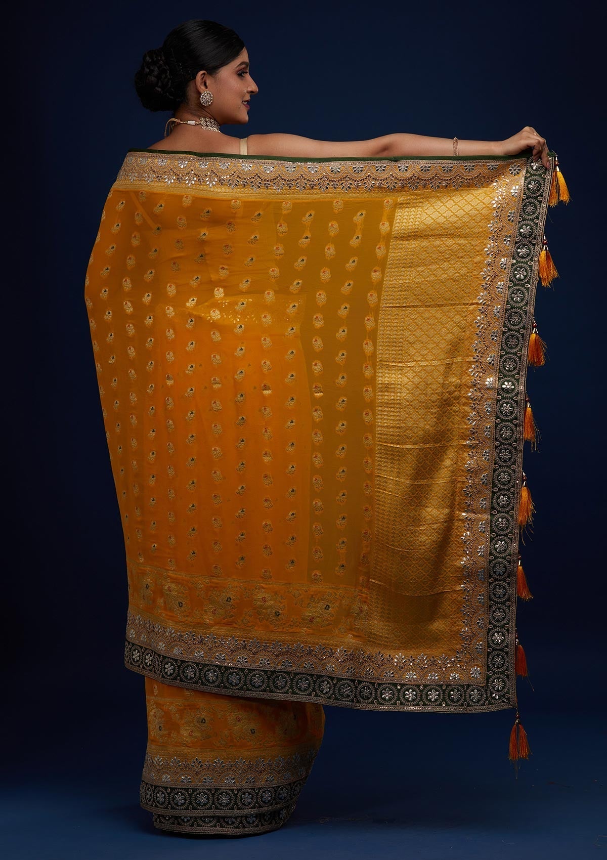 Mustard Zariwork Banarasi Designer Saree - Koskii