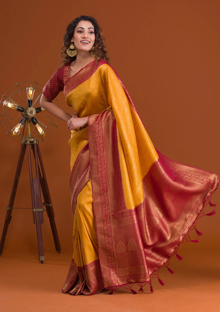 Mustard Zariwork Banarasi Saree-Koskii