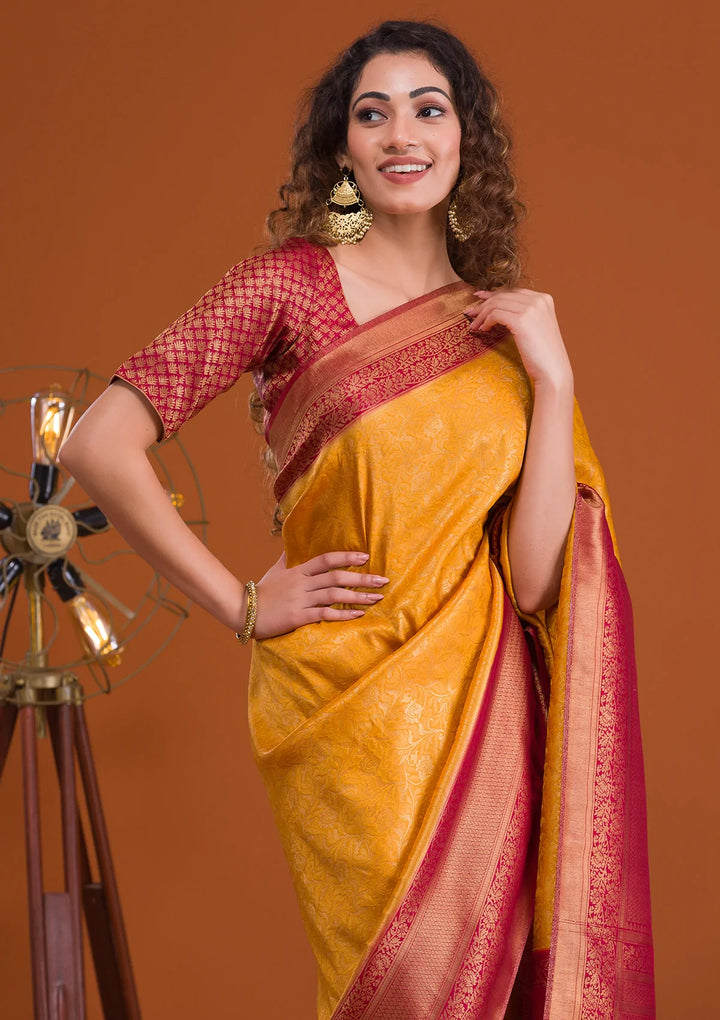Mustard Zariwork Banarasi Saree-Koskii