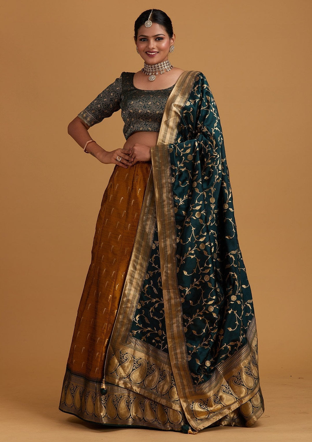 Mustard Zariwork Brocade Designer Semi-Stitched Lehenga - Koskii
