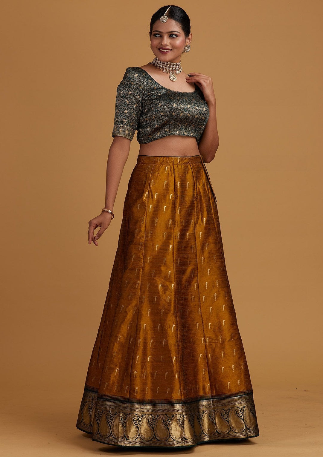 Mustard Zariwork Brocade Designer Semi-Stitched Lehenga - Koskii