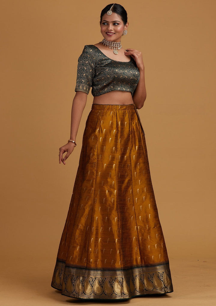 Mustard Zariwork Brocade Designer Semi-Stitched Lehenga - Koskii