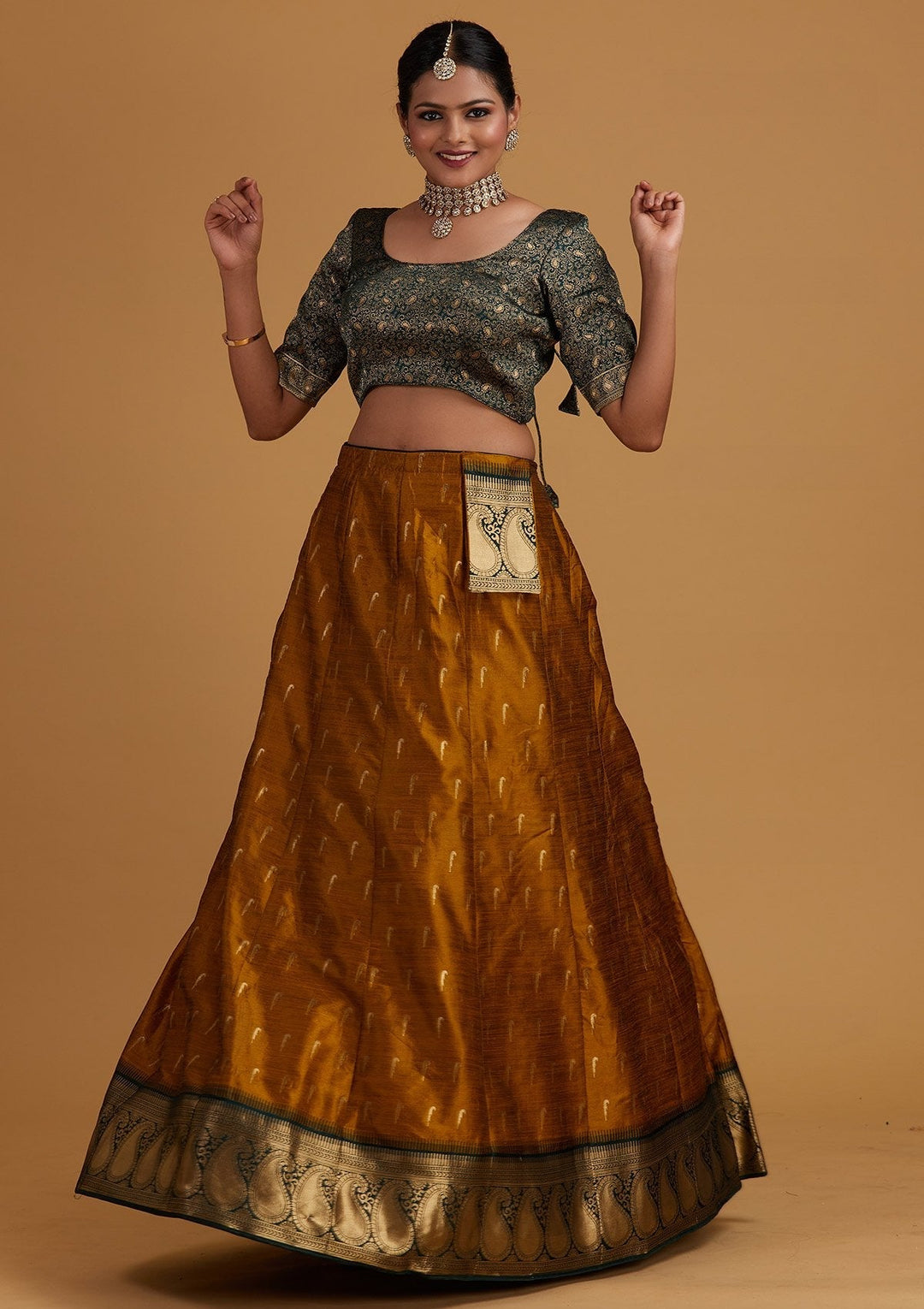 Mustard Zariwork Brocade Designer Semi-Stitched Lehenga - Koskii