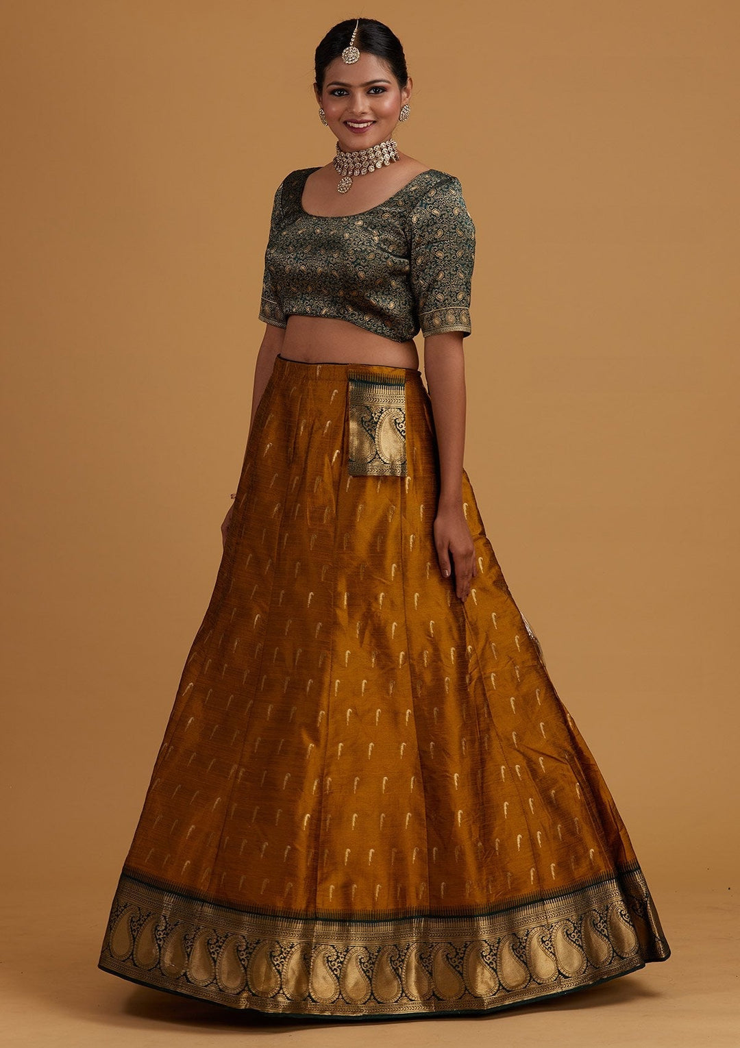 Mustard Zariwork Brocade Designer Semi-Stitched Lehenga - Koskii