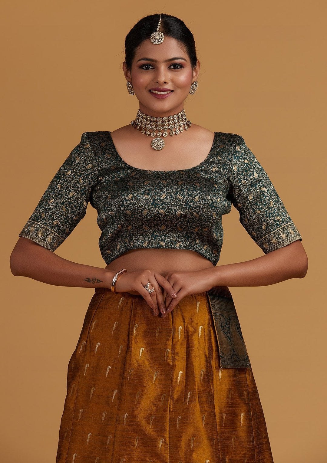Mustard Zariwork Brocade Designer Semi-Stitched Lehenga - Koskii